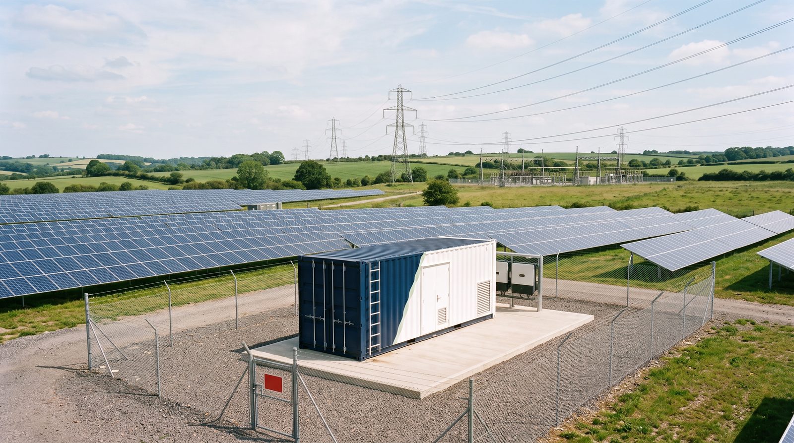 Sistem de stocare BESS lângă panourile unui parc fotovoltaic, cu linii electrice de înaltă tensiune în fundal