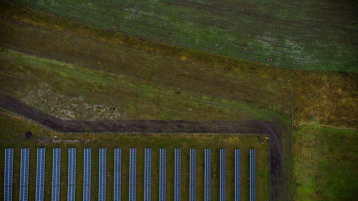 Vedere aeriană a limitei dintre un parc fotovoltaic și parcelele agricole învecinate, cu drumul de acces