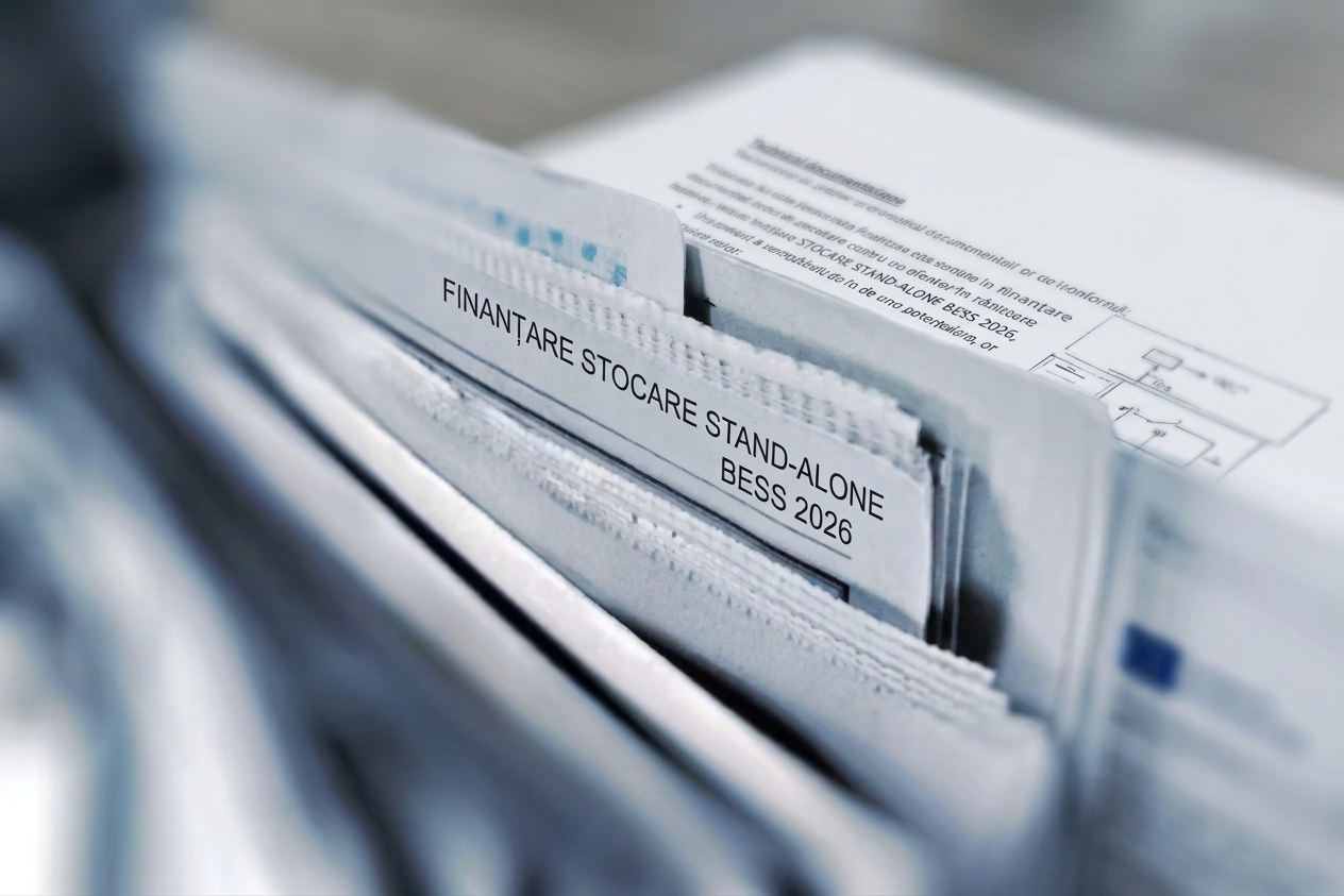 Dosar cu documentele pentru finanțarea unei instalații de stocare stand-alone (BESS), etichetat „Finanțare stocare stand-alone BESS 2026