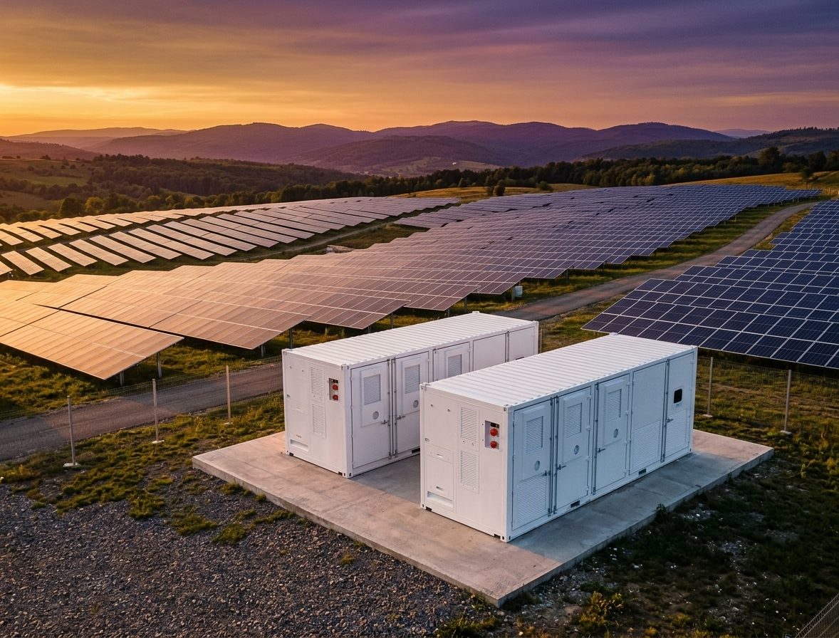 Instalație de stocare BESS în containere, lângă un parc fotovoltaic la apus