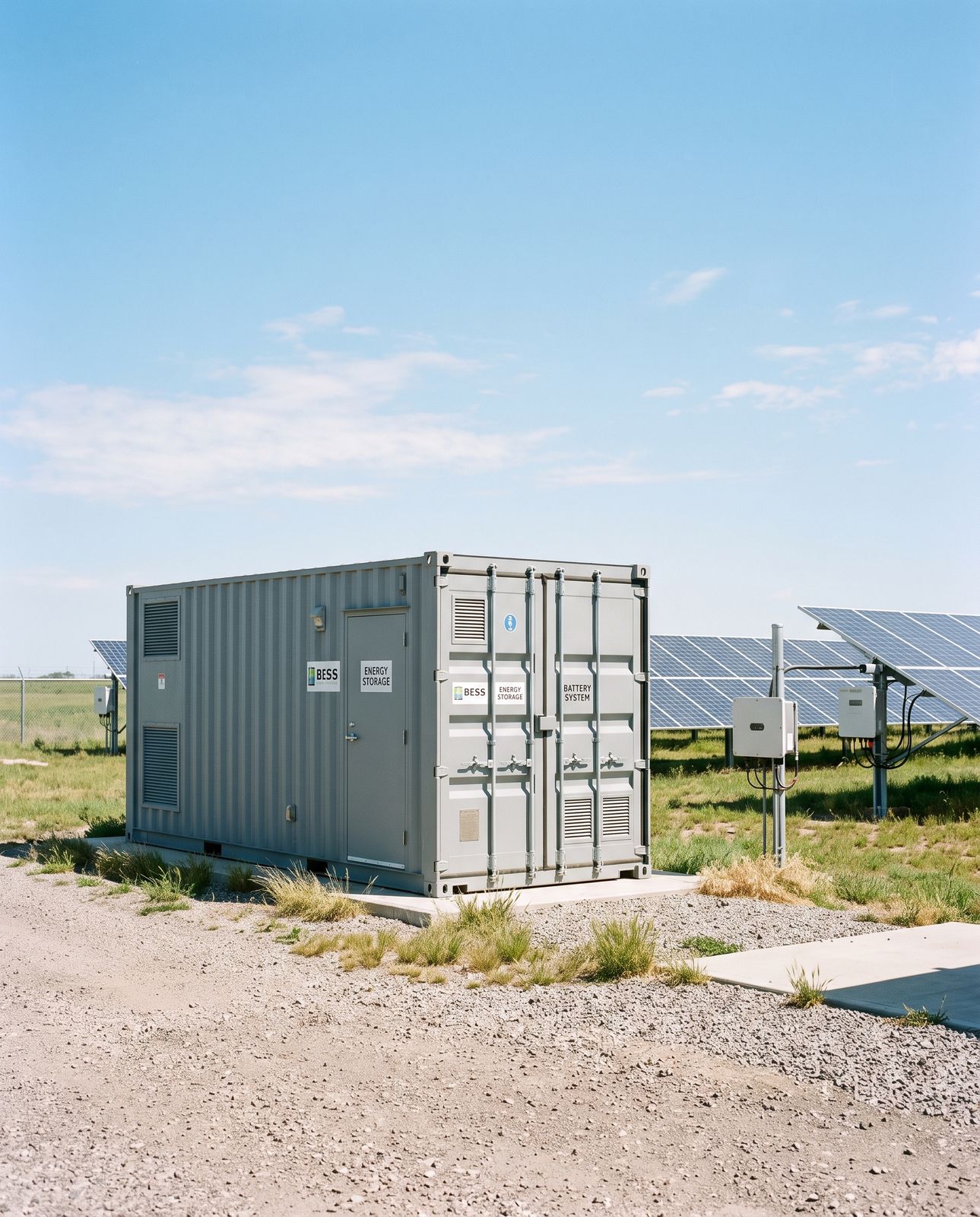 Instalație de stocare BESS stand-alone, cu containere de baterii amplasate lângă un câmp de panouri fotovoltaice